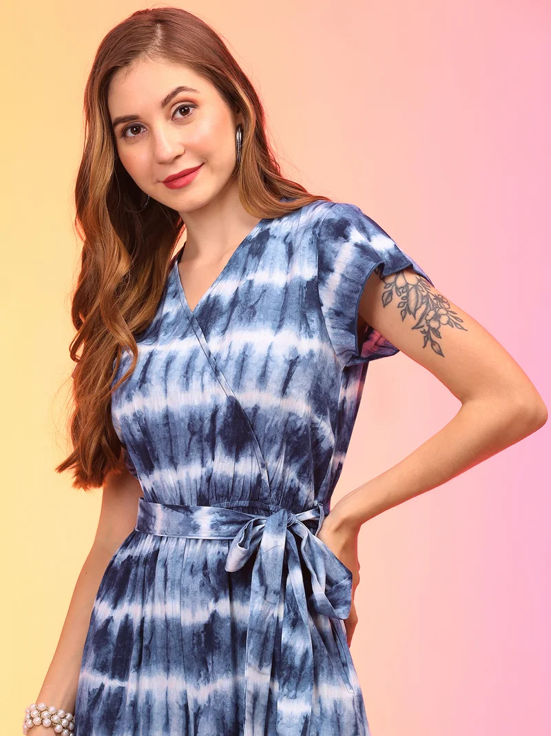 جلو باص Women Tie & Dye V-Neck Waist Tie-Ups Jumpsuit With Belt