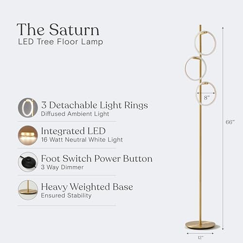 Brightech Saturn Floor Lamp, Great Living Room Decor, Tall Contemporary Standing Tree Light for Offices, Living Rooms, with 3 LED Heads for Bedroom Reading - Gold/Brass - Image 5