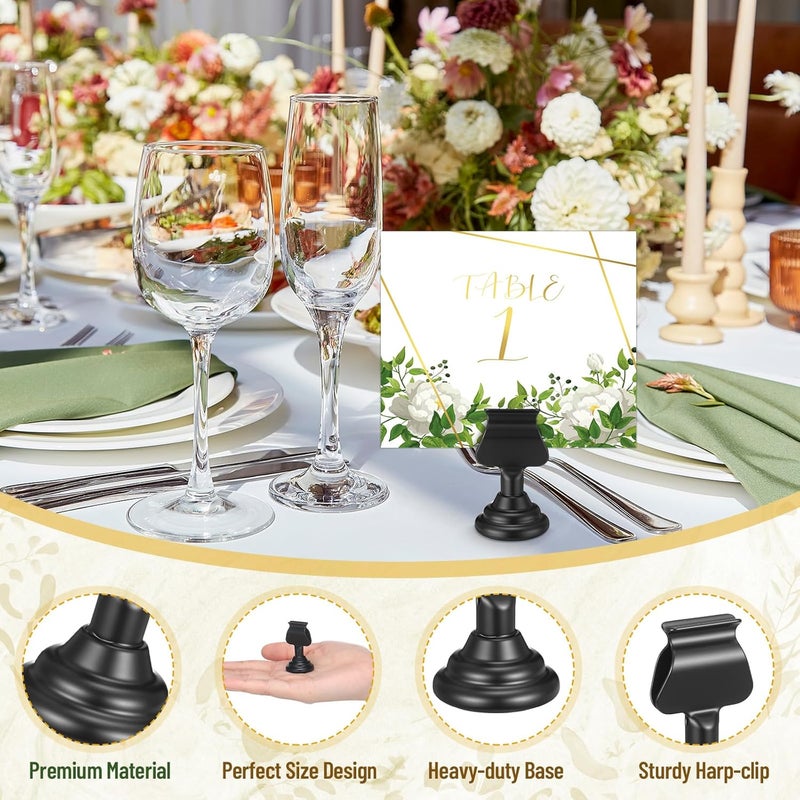 Kathfly 24 Pcs Metal Table Number Holders 1.7 inch Mini Place Card Holders Bulk Harp-clip Table Sign Stands Card Holder Display Picture Memo Notes Menu for Weddings Restaurants Birthday Decor (Black) - Image 3