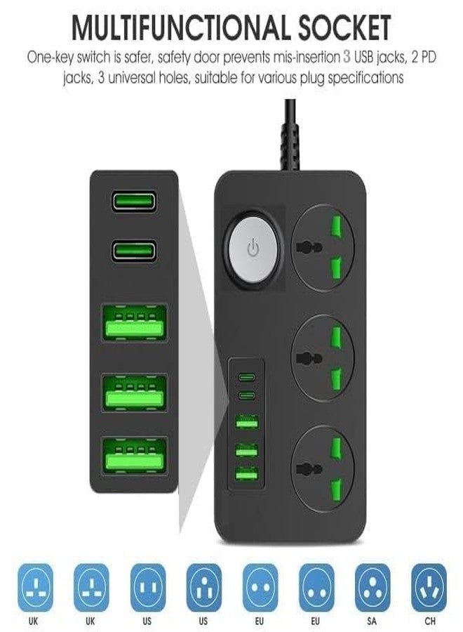 WROPZO Extension Board Power Strip with 20W Fast PD Type C 2500W 10A Extension Cord with 3 Universal Socket 38W USB Fast Charging Ports Multi Port Extension with USB Port 2M Power Cord (Multi) - Image 2