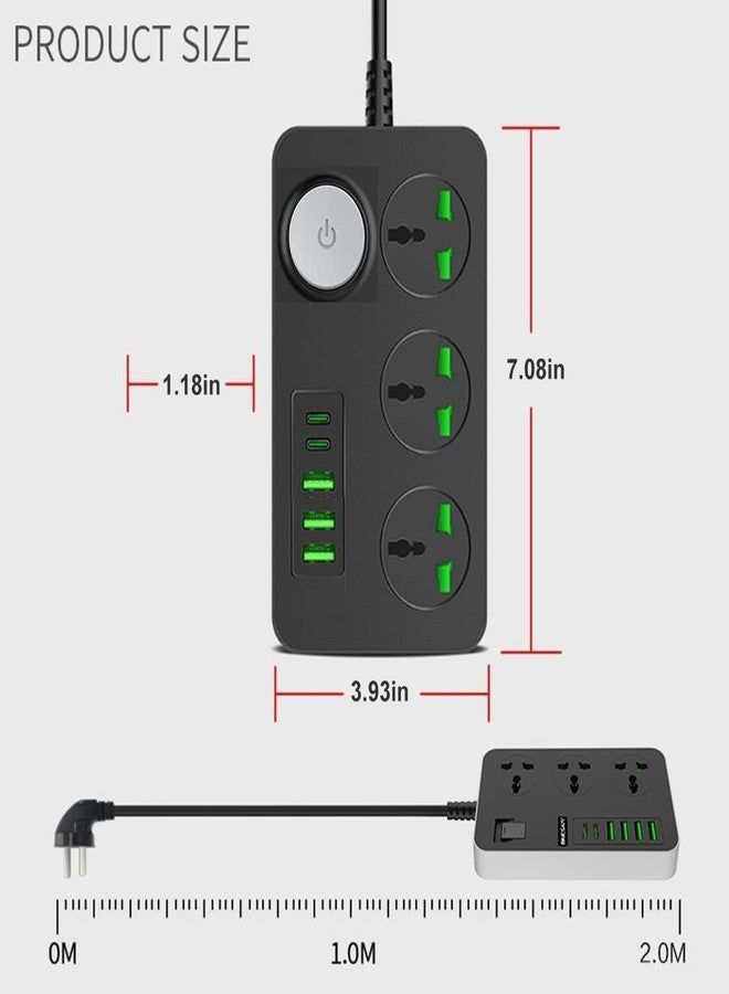 WROPZO Extension Board Power Strip with 20W Fast PD Type C 2500W 10A Extension Cord with 3 Universal Socket 38W USB Fast Charging Ports Multi Port Extension with USB Port 2M Power Cord (Multi) - Image 4