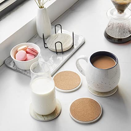 Dhadh 4 inch Drink Coasters with Holder, Marble Style Absorbent Coaster, Set of 6 (Drink Coasters with Holder) - Image 5