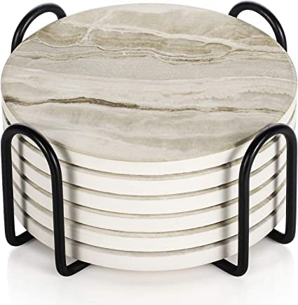 Dhadh 4 inch Drink Coasters with Holder, Marble Style Absorbent Coaster, Set of 6 (Drink Coasters with Holder) - Image 1