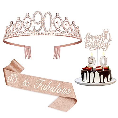Juesly 90th Birthday Decorations Women, Including Crown/Tiara, Sash, Cake Topper and Candles, Happy 90th Birthday Decorations for Women - Image 1