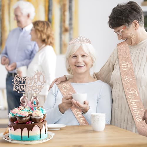 Juesly 90th Birthday Decorations Women, Including Crown/Tiara, Sash, Cake Topper and Candles, Happy 90th Birthday Decorations for Women - Image 2