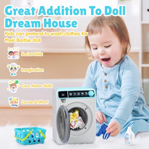 PLAY Kids Toy Washing Machine Realistic Pretend Play Appliance for Girls Interactive Toy Dollhouse Furniture Play Washer and Dryer Playset with Spinning Drum Light Sound Effects Laundry Basket Set - Image 5