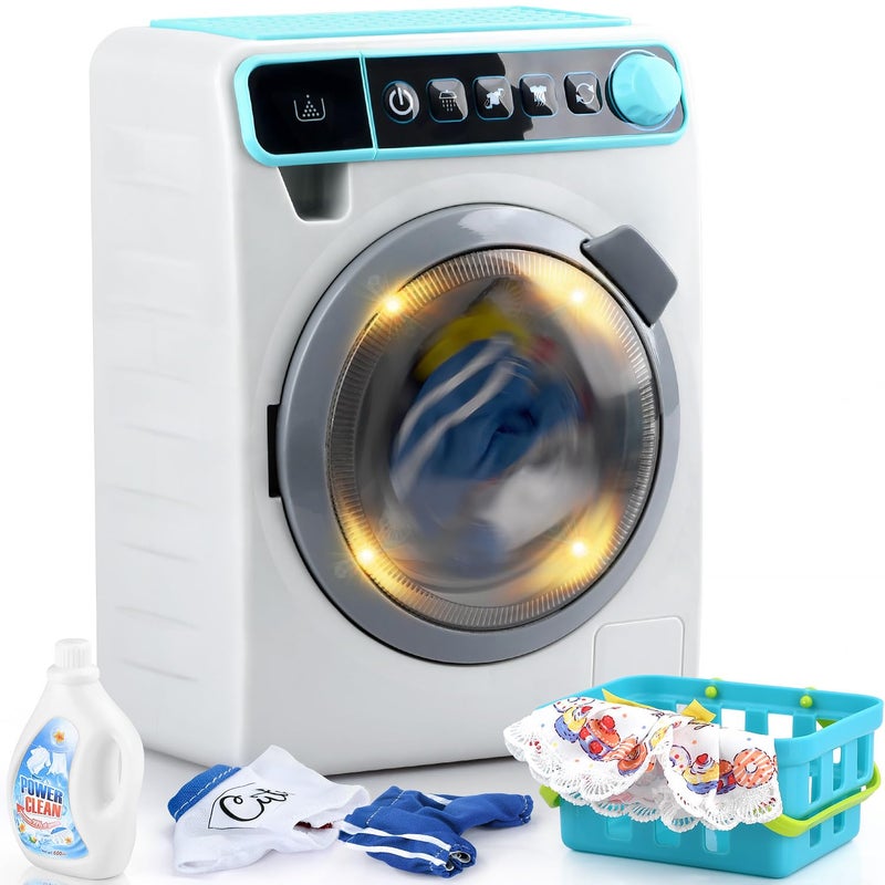 PLAY Kids Toy Washing Machine Realistic Pretend Play Appliance for Girls Interactive Toy Dollhouse Furniture Play Washer and Dryer Playset with Spinning Drum Light Sound Effects Laundry Basket Set - Image 3