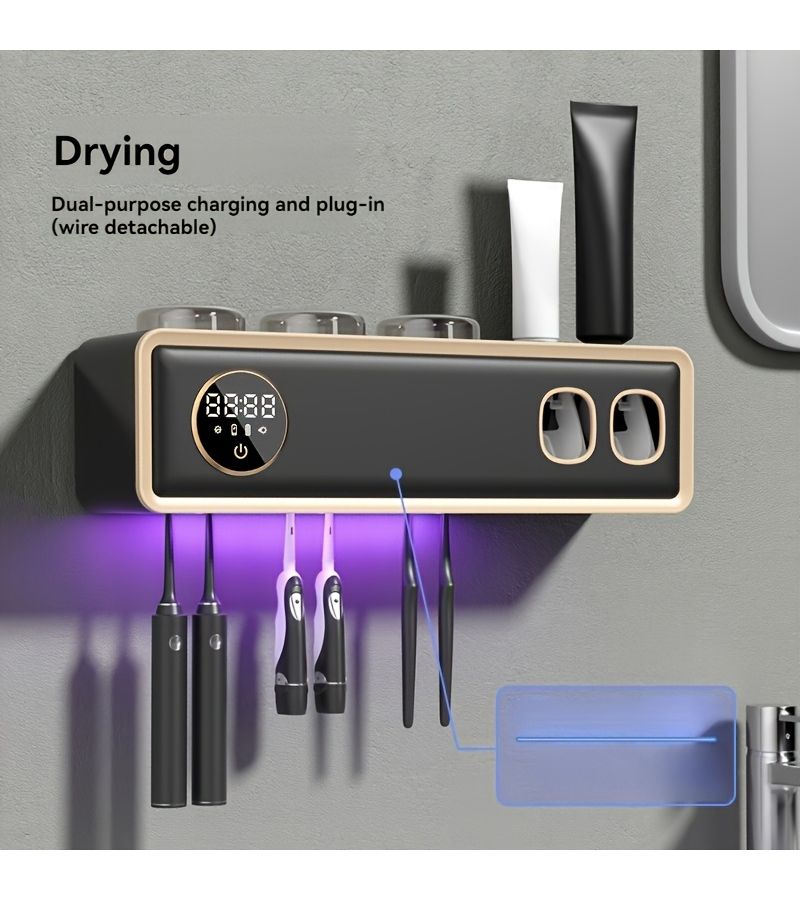 Toothbrush Cleaner And Automatic Toothpaste Dispenser No Drill Wall Mounted Toothbrush Sterilizer Holder With XL HD LED Screen Black Bathroom Accessories Long Lasting Sanitizer Exquisite Compact Holiday Gift - Image 1