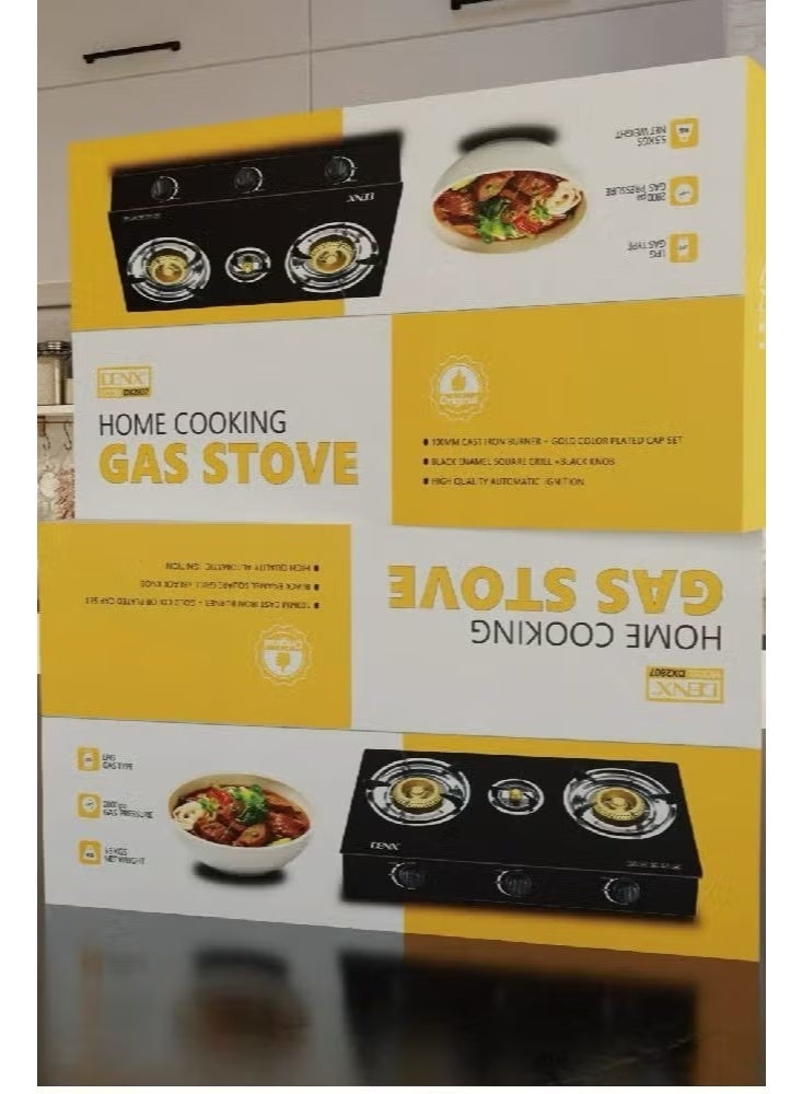 Denx Home Cooking Gas Stove Model DX2807 – 3 Burners with Gold-Plated Caps, Automatic Ignition, Sleek Design, 5.5kg Weight, 2800 Pa Gas Pressure – LPG Compatible - Image 2