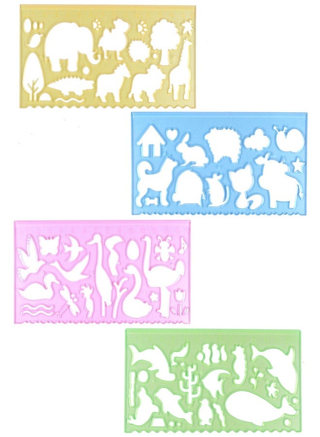 BronaGrand 4 Pcs Drawing Stencils Plastic Ruler Animals Painting Templates for Kids Clear 4 Colors - Image 1
