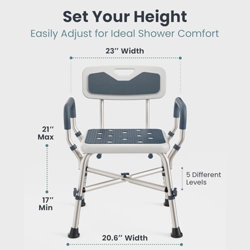 PELEGON Shower Chair for Elderly and Disabled (450lb) with Padded Armrests and Back, Adjustable Height Shower Seat, Heavy Duty Shower Chairs for Inside Shower, Handicap - Blue - Image 3