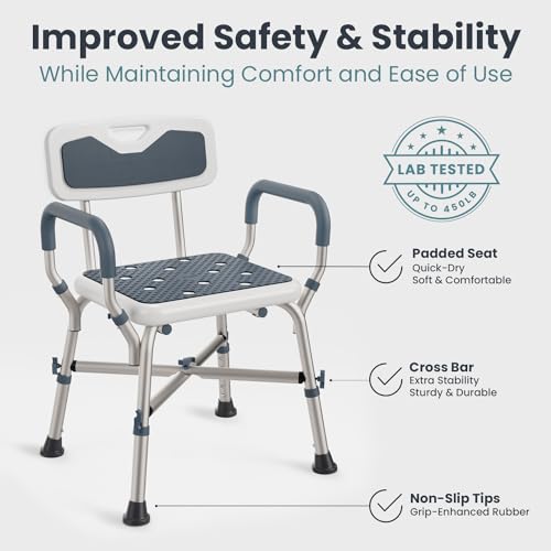 PELEGON Shower Chair for Elderly and Disabled (450lb) with Padded Armrests and Back, Adjustable Height Shower Seat, Heavy Duty Shower Chairs for Inside Shower, Handicap - Blue - Image 2