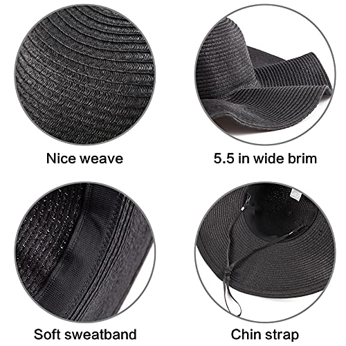 LADYBRO Womens Beach Sun Straw Hat UV Protection Travel Wide Brim Summer, Black, 7 1/4 - Image 5