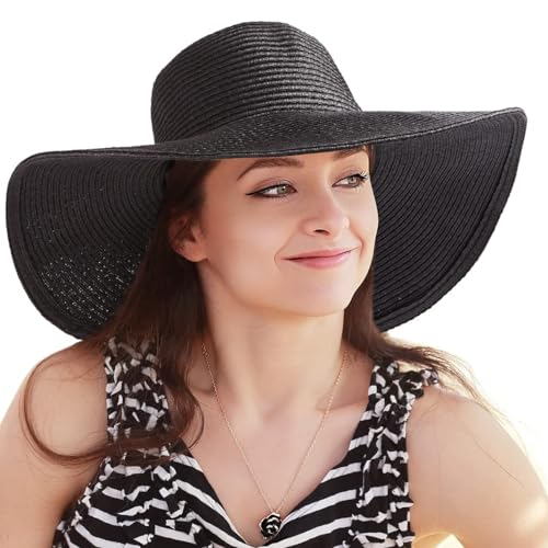 LADYBRO Womens Beach Sun Straw Hat UV Protection Travel Wide Brim Summer, Black, 7 1/4 - Image 1