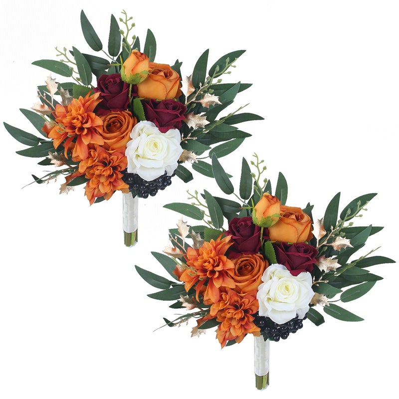 Rinlong 2Pcs Fall Wedding Bouquets for Bridesmaids Burnt Orange Bridesmaid Artificial Flowers Terracotta Bouquet Wedding Ceremony Terracotta Bridesmaid Bouquets
