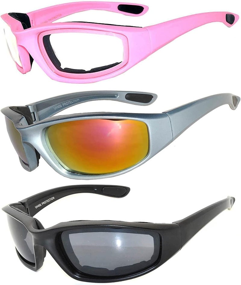 OWL 3 Pack Motorcycle Riding Glasses, Padded Sport Sunglasses, Assorted Colors for Men and Women - Image 1