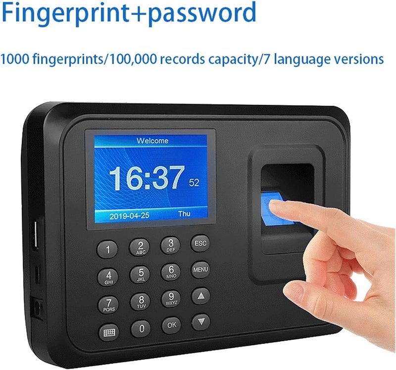 Time Clock, Multi-Language Fingerprint Password Time Attendance Machine 2.4 Inch LCD Screen Can Download Data with U Disk for Business, Office - Image 2