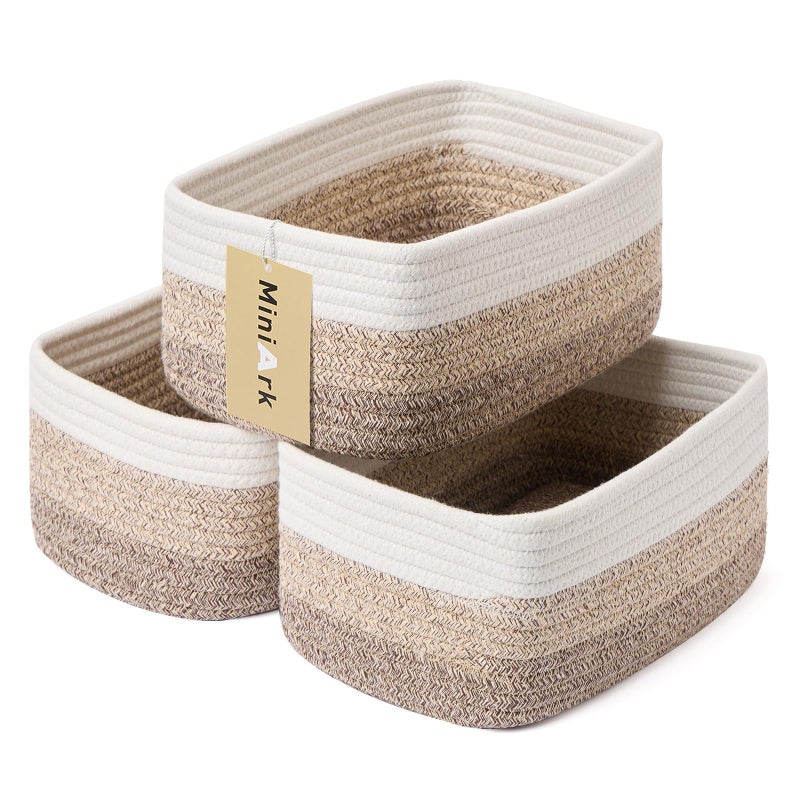 MiniArk Small Storage Baskets for Organizing | Closet Organizer Bins | Shelf Toy Basket | Woven Rope Baskets | Cube Decorative Box | Shallow Basket |11.5x7.5x4.7â€| 3 Packs Gradient Brown - Image 1