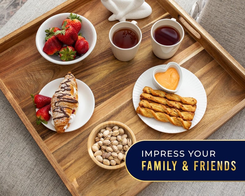 Comfify Acacia Wood Serving Tray with Handles - Ottoman Coffee Table Decorative Platter for Breakfast in Bed, Dining Patio, BBQ, and Parties - Easy Comfort on Lap and Couch | Acacia wood; 22"L x 22"W x 2.5"H; handles; smooth edges; ottoman & coffee table; oil to condition; no non-slip feet - Image 2