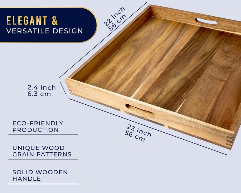 Comfify Acacia Wood Serving Tray with Handles - Ottoman Coffee Table Decorative Platter for Breakfast in Bed, Dining Patio, BBQ, and Parties - Easy Comfort on Lap and Couch | Acacia wood; 22"L x 22"W x 2.5"H; handles; smooth edges; ottoman & coffee table; oil to condition; no non-slip feet - Image 3