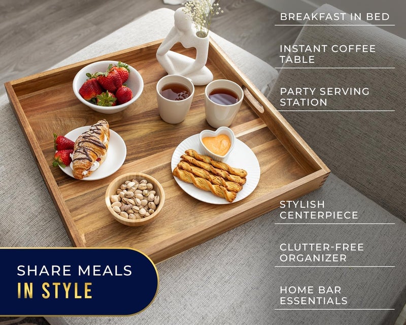 Comfify Acacia Wood Serving Tray with Handles - Ottoman Coffee Table Decorative Platter for Breakfast in Bed, Dining Patio, BBQ, and Parties - Easy Comfort on Lap and Couch | Acacia wood; 22"L x 22"W x 2.5"H; handles; smooth edges; ottoman & coffee table; oil to condition; no non-slip feet - Image 5