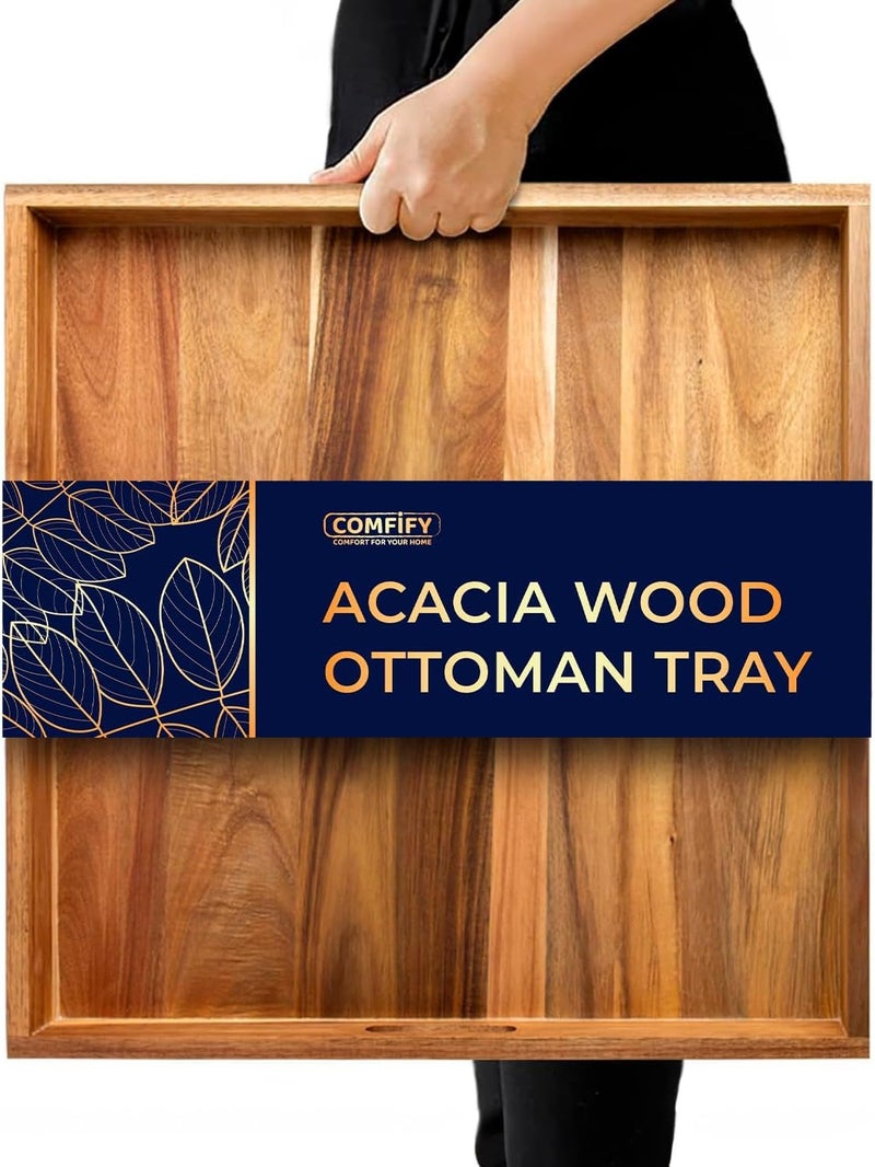 Comfify Acacia Wood Serving Tray with Handles - Ottoman Coffee Table Decorative Platter for Breakfast in Bed, Dining Patio, BBQ, and Parties - Easy Comfort on Lap and Couch | Acacia wood; 22"L x 22"W x 2.5"H; handles; smooth edges; ottoman & coffee table; oil to condition; no non-slip feet - Image 1