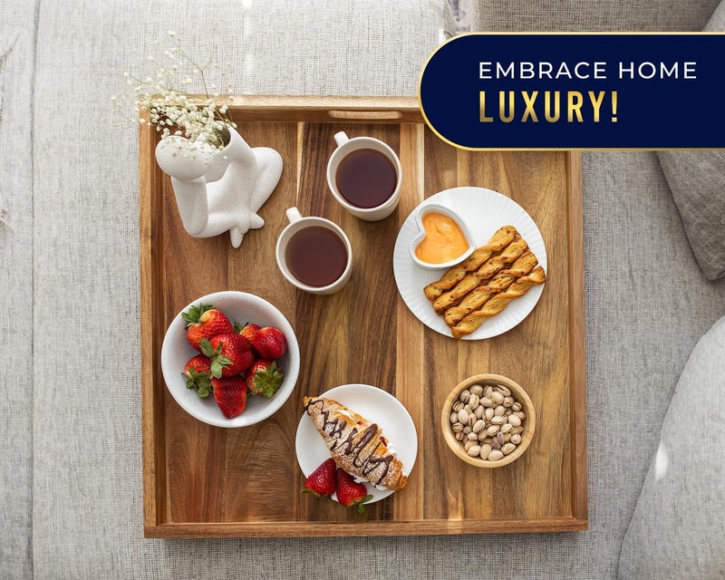 Comfify Acacia Wood Serving Tray with Handles - Ottoman Coffee Table Decorative Platter for Breakfast in Bed, Dining Patio, BBQ, and Parties - Easy Comfort on Lap and Couch | Acacia wood; 22"L x 22"W x 2.5"H; handles; smooth edges; ottoman & coffee table; oil to condition; no non-slip feet - Image 4