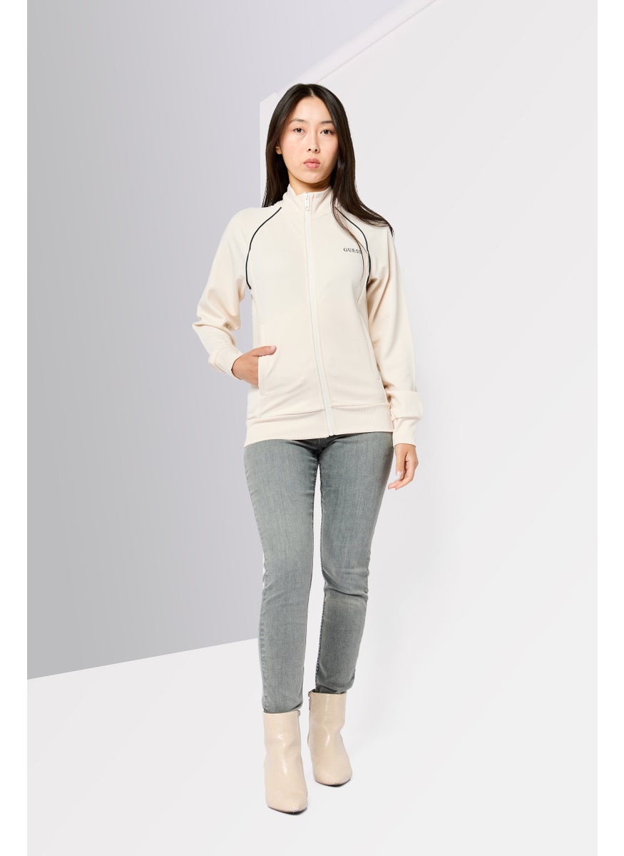 GUESS Women High Neck Brand Logo Long Sleeves Sweatshirt, Light Beige  - Image 2