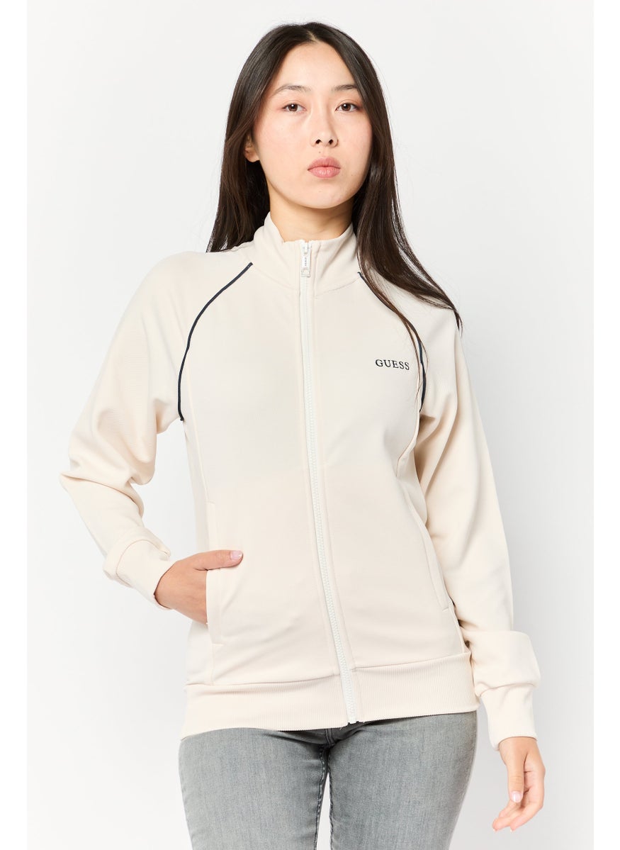 GUESS Women High Neck Brand Logo Long Sleeves Sweatshirt, Light Beige  - Image 1