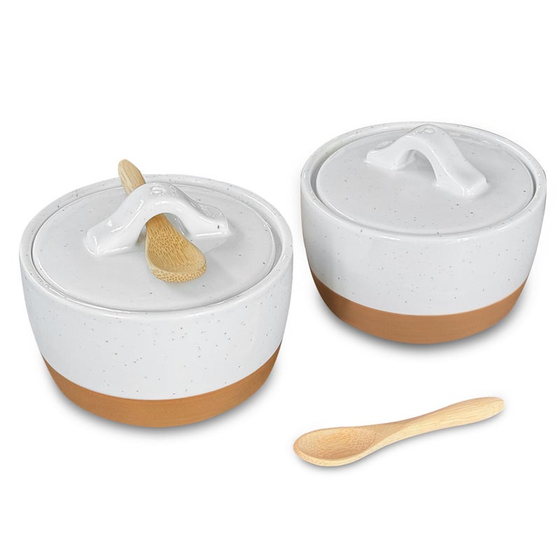 Mora Ceramic Salt and Pepper Cellar Set with Lid - 10 oz Modern Canister/Container/Bowl for Storage, Sea Salt, Spice, Sugar, Countertop - Small Dish/Jar with Wood Spoon, White Crock - Image 1