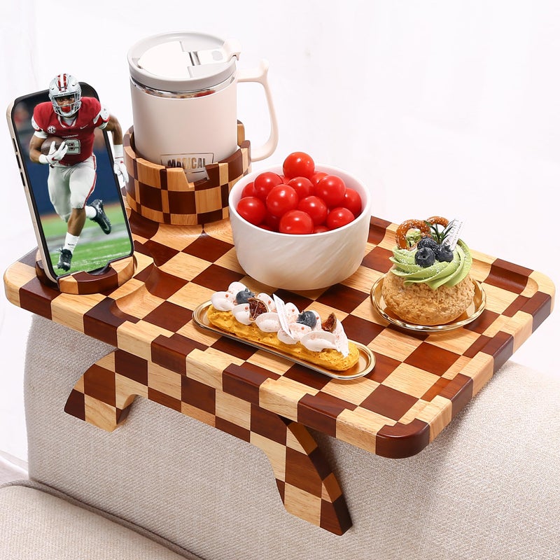 Acanacle Checkered Rubber Wood Couch Arm Tray, Sofa Armrest Tray with Rotating Cup Holder & Phone Stand, Large Clip-on Sofa Side Table Furniture for Drinks & Remote, 15.36"x9.85", Gift Box - Image 1