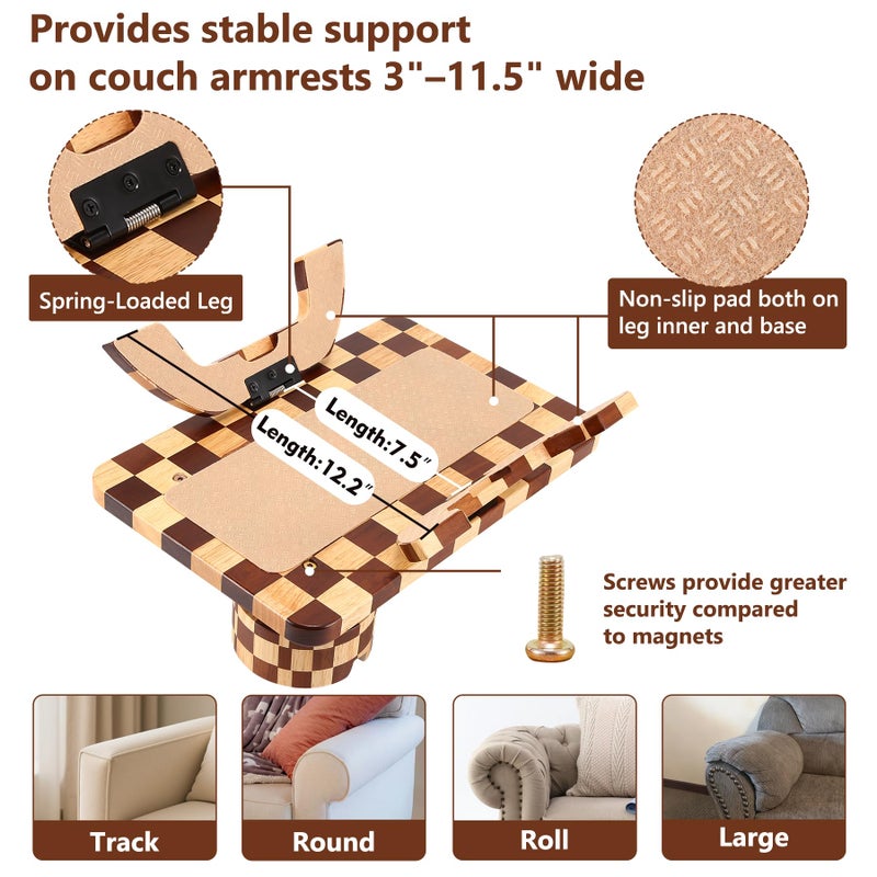 Acanacle Checkered Rubber Wood Couch Arm Tray, Sofa Armrest Tray with Rotating Cup Holder & Phone Stand, Large Clip-on Sofa Side Table Furniture for Drinks & Remote, 15.36"x9.85", Gift Box - Image 5