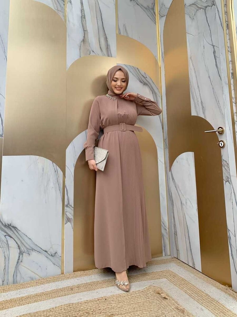 Bym Fashion Bym Collar Stone One Side Pleated Detail Belted Dress 3825 Mink - Image 1