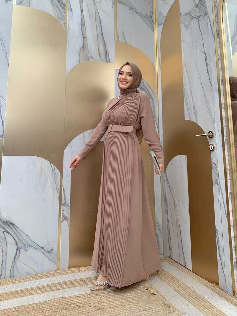 Bym Fashion Bym Collar Stone One Side Pleated Detail Belted Dress 3825 Mink - Image 3
