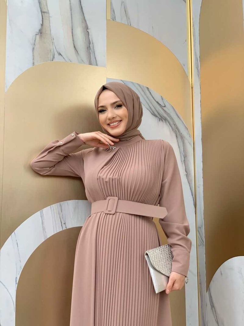 Bym Fashion Bym Collar Stone One Side Pleated Detail Belted Dress 3825 Mink - Image 4