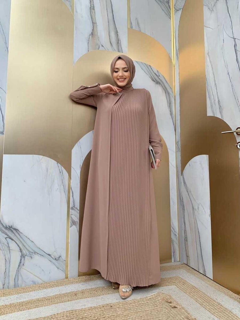 Bym Fashion Bym Collar Stone One Side Pleated Detail Belted Dress 3825 Mink - Image 2