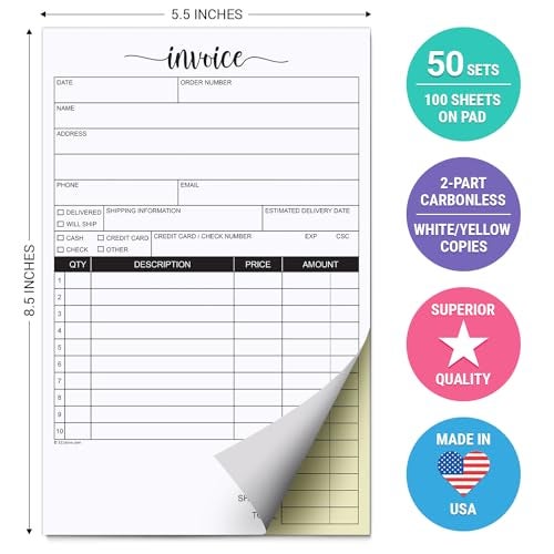 321Done Invoice Pad, 5.5x8.5 Small 2-Part Carbonless, Made in USA, Carbon Copy Sales Receipt Book Purchase Order Form for Small Boutique Craft Business (50 Sets) White/Yellow, Thick Paper - Image 2