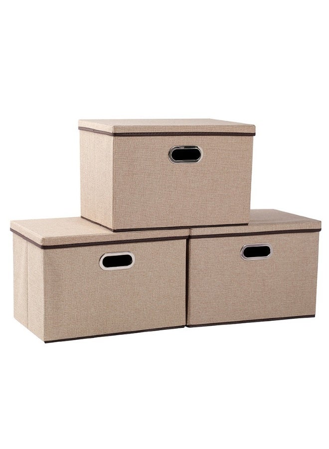 MIXDE Collapsible Stackable Storage Bins with Lids, 3 Pcs Foldable Fabric Closet Storage Boxes with Lids, Heavy-duty Linen Storage Cube Box with 2 Handles (Khaki) - Image 1
