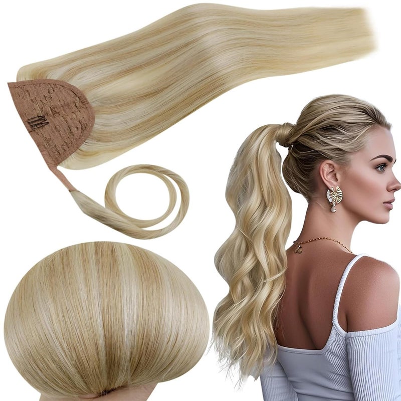 RUNATURE Ponytail Extension Human Hair Real Hair Ponytail Extension Blonde Straight Human Hair Ponytail Remy Natural Hair Tangle Free 14 Inch 70g 18P613 Ash Blonde Highlight Platinum Blonde