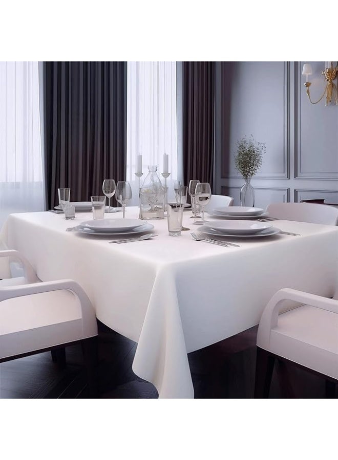 12 عبوة من أغطية الطاولات البلاستيكية القابلة للاستخدام مرة واحدة، 54 × 108 بوصة غطاء مستطيل أبيض مقاوم للتسرب وقوي وزخرفي للحفلات والنزهات والزفاف - Image 1