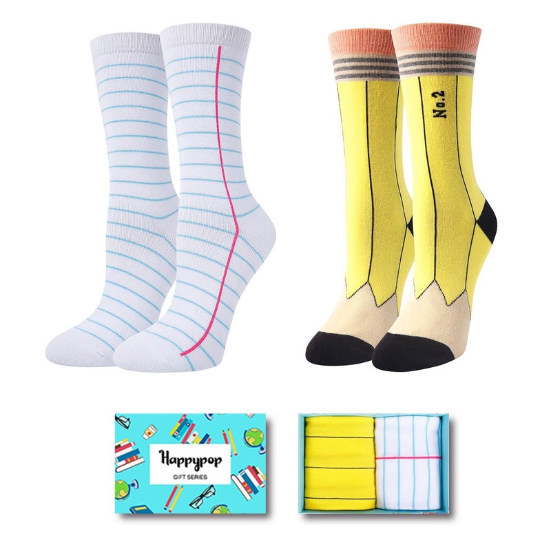 Happy Pop HAPPYPOP Funny Silly Book Gifts - Crazy Pencil Socks Notebook Socks Reading Gifts for Women Teen Girls - Image 1