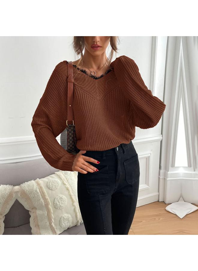 Popular Women's Clothing Autumn And Winter Stitching Lace Pullover Knitted V-neck Commuter Sweater For Women 