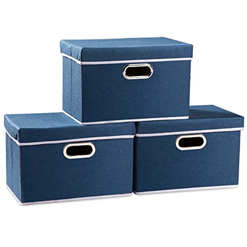 PRANDOM Collapsible Storage Bin with Lid 3Pack Fabric Foldable Storage Box Organizer Container Basket Cube with Cover for Home Bedroom Closet Office Nursery Royal Blue149x98x98