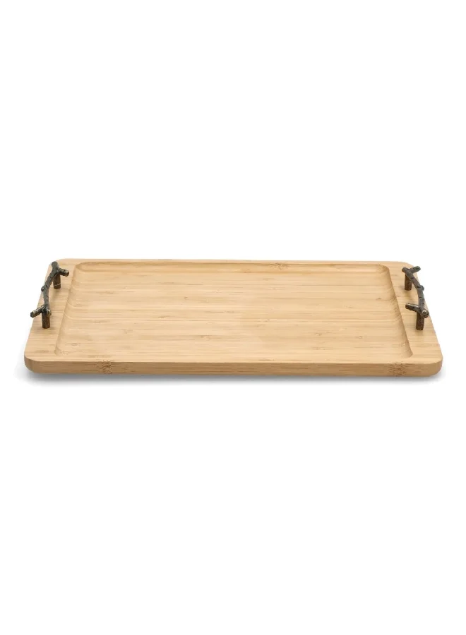 Bien Servi Durable Rectangular Bamboo Serving Tray with Metal Handle Brown 40 x 25 cm G17-X344