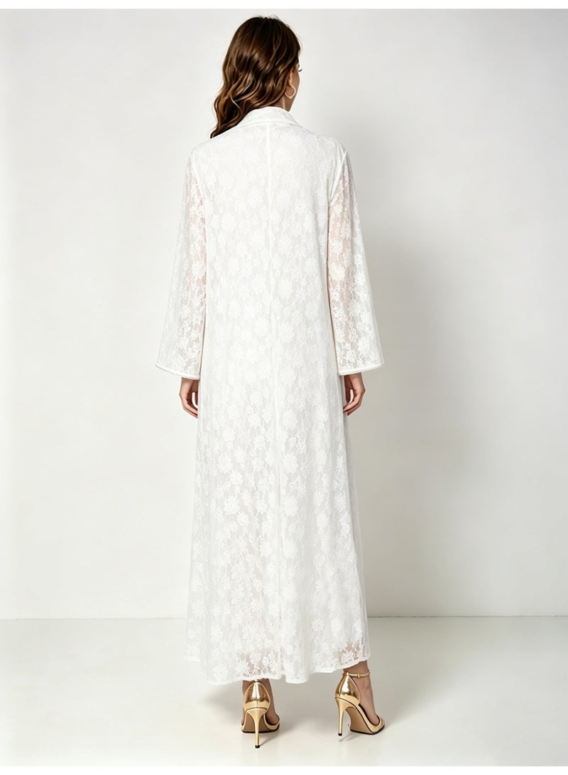 Kaiyuede Dubai White Lace Abaya with Pink & Gold Sequin Embroidery | Mandarin Collar Opaque Lined Modest Dress for Eid & Wedding - Image 3