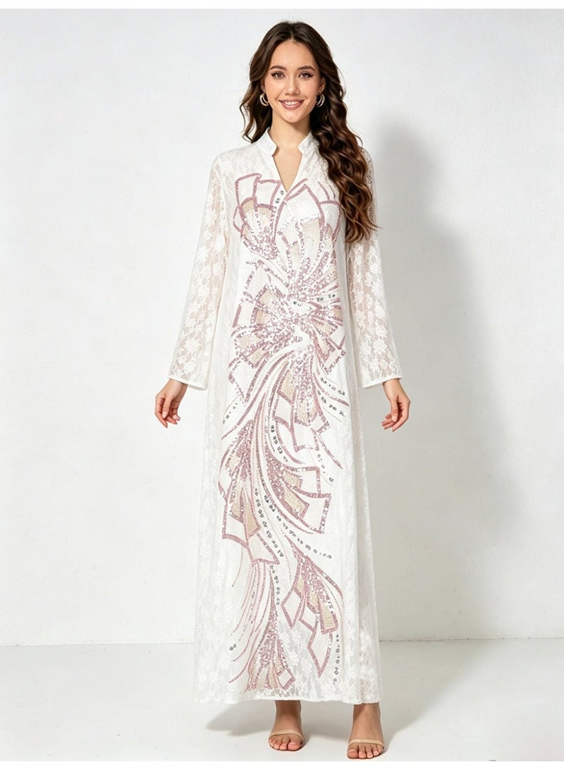 Kaiyuede Dubai White Lace Abaya with Pink & Gold Sequin Embroidery | Mandarin Collar Opaque Lined Modest Dress for Eid & Wedding - Image 1