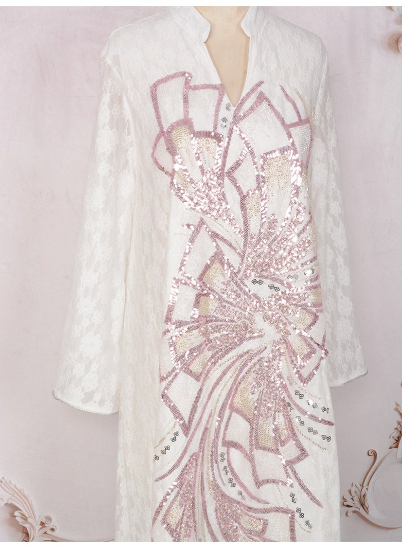 Kaiyuede Dubai White Lace Abaya with Pink & Gold Sequin Embroidery | Mandarin Collar Opaque Lined Modest Dress for Eid & Wedding - Image 2