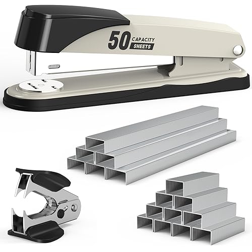Swihauk Metal Stapler Heavy Duty 50 Sheet Capacity with 1750 Staples and Staple Remover, Full Strip Staplers for Desk, No Jam, Non-Slip for Office & Classroom, White - Image 1