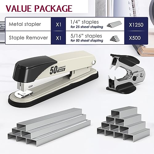 Swihauk Metal Stapler Heavy Duty 50 Sheet Capacity with 1750 Staples and Staple Remover, Full Strip Staplers for Desk, No Jam, Non-Slip for Office & Classroom, White - Image 2