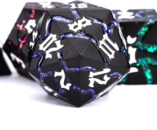Maywin Cracked Rune Metal Dice Set for DND RPG Dark Fantasy Fractured Design Premium Heavy Metal Polyhedral Dice with Deep Engraved Numbers 7Piece Set Arcane Spectrum Vein - Image 5